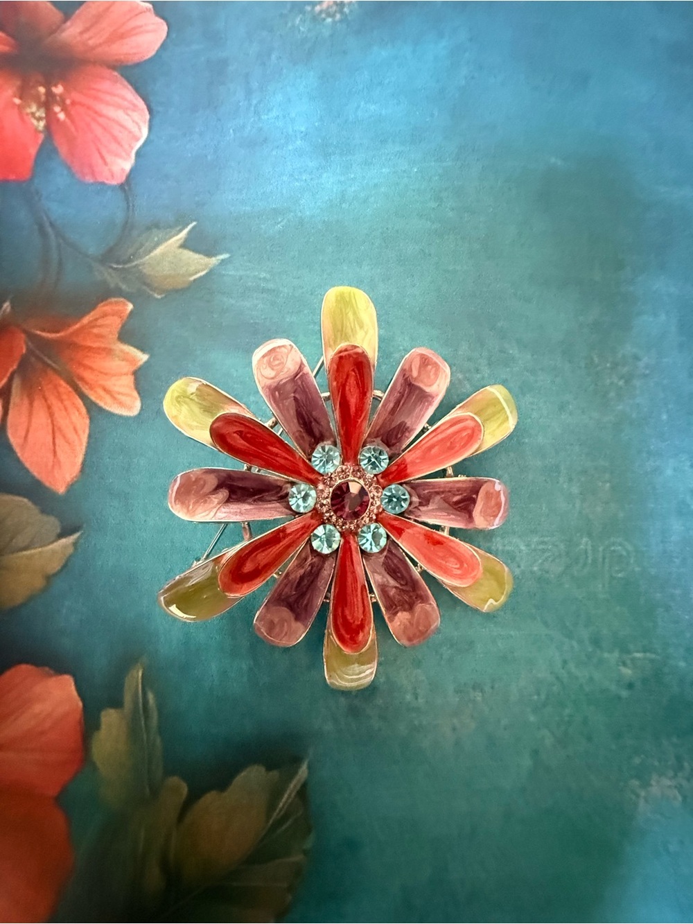 Multicolor Flower Resin Brooch with Crystal Accents